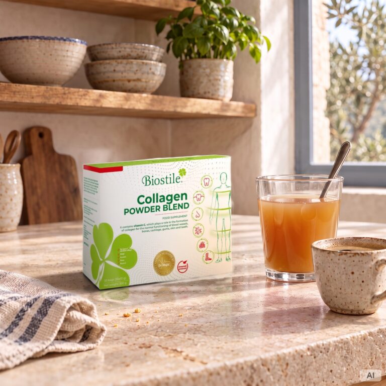 Collagen Powder Blend på en köksbänk med ett glas av drycken (miljön AI-genererad)