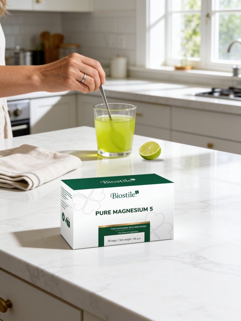 Pure Magnesium 5 på en köksbänk i marmor bredvid ett glas med upplöst dryck och en halv lime