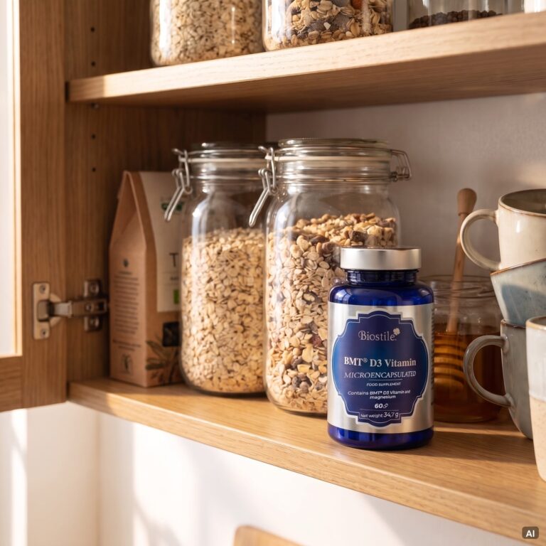 Vitamin D3 mikroinkapslad på hyllan i köksskåpet bredvid havregryn, müsli och honung (miljön AI-genererad)